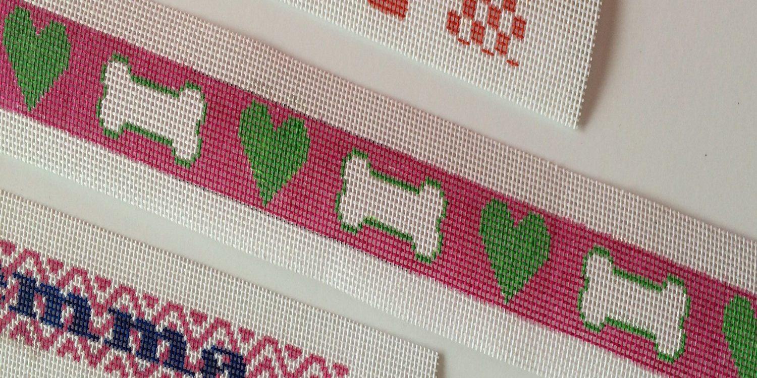 Hearts and bones needlepoint dog collar canvas - Needlepoint by Laura