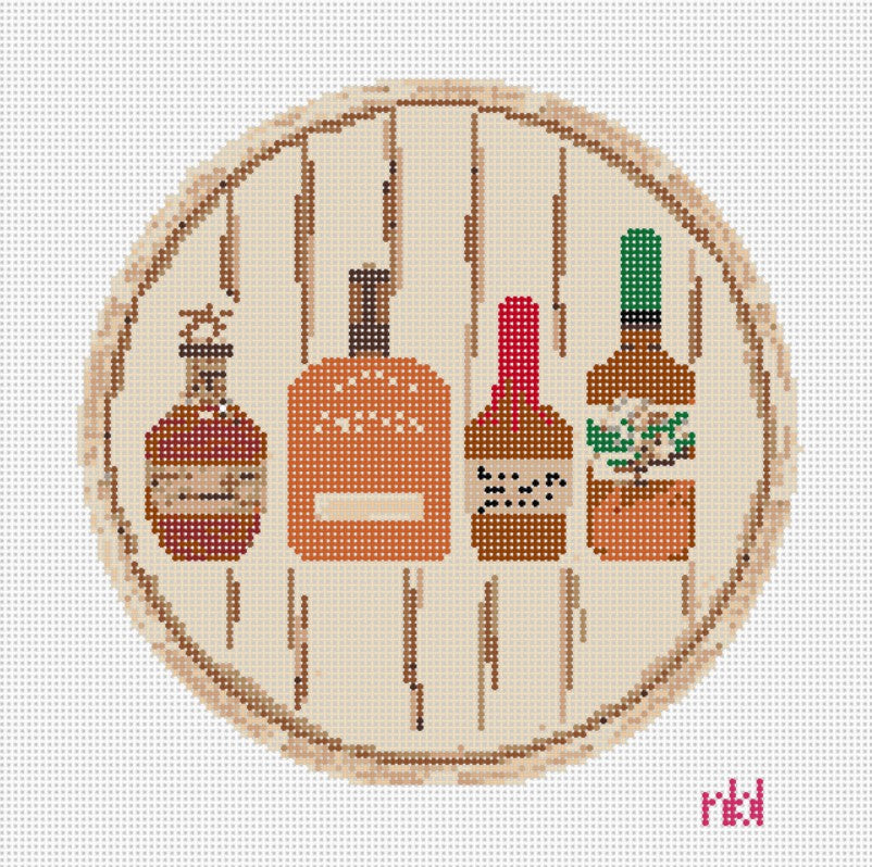 Bourbon Barrel and Bottles 6 by 6 - Needlepoint by Laura