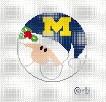 Officially licensed University of Michigan Santa round needlepoint canvas, 4 inches, 18 mesh, stitch painted in Maize and Blue