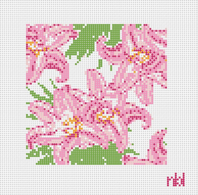 Stargazer Lillies 4 inch square on 18 mesh - Needlepoint by Laura
