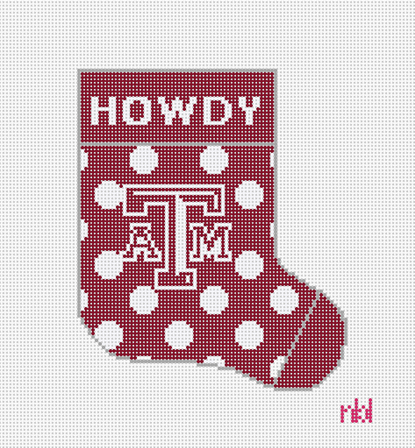 Texas A and M Mini Polka Dot Stocking - Needlepoint by Laura
