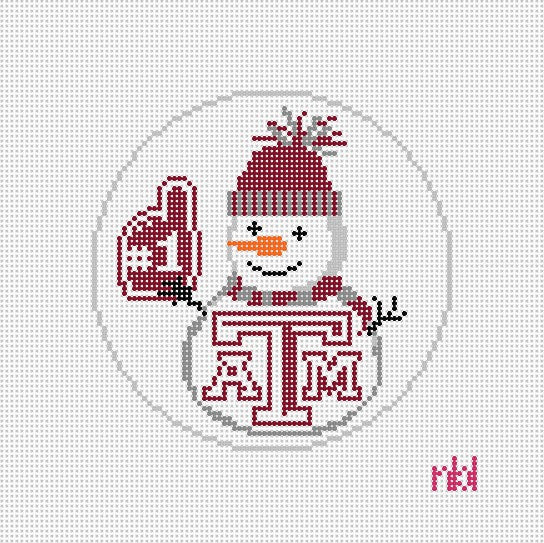 Texas A and M Snowman 4 inch round - Needlepoint by Laura