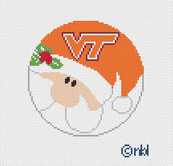 Officially licensed Virginia Tech Santa round needlepoint canvas, 4 inches, 18 mesh, stitch painted in Burnt Orange and Chicago Maroon