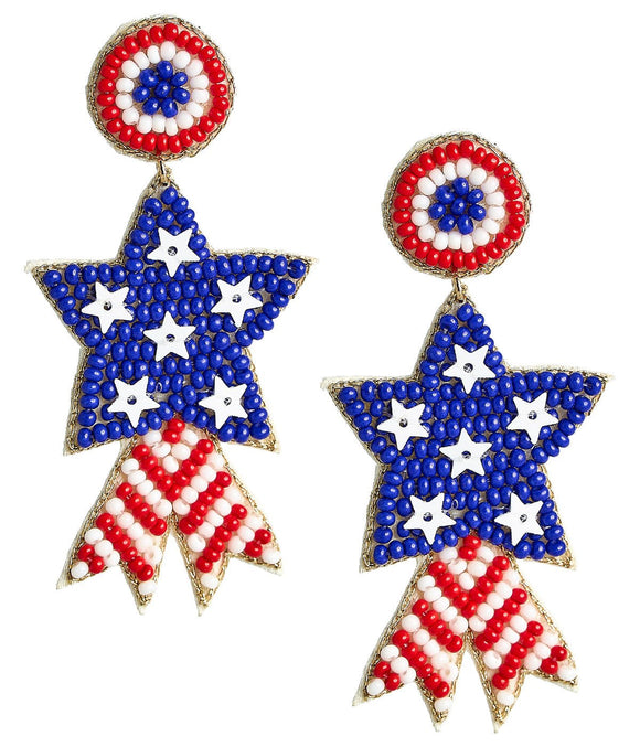 Blue Star Beaded Earrings - RED WHITE & BLUE