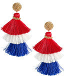 Fabric Tassel Earrings - RED WHITE & BLUE-1