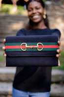 Avery Clutch Black - Red and Green Stripe Band with Snaffle-1