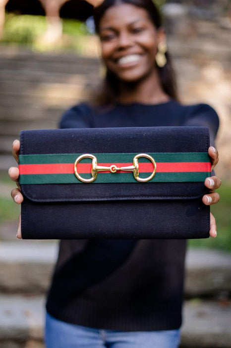 Avery Clutch Black - Red and Green Stripe Band with Snaffle