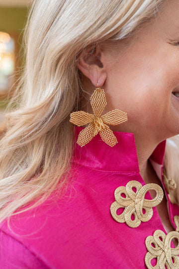 Gwen - Fabric Beaded Hook Back Flower Earrings - 0