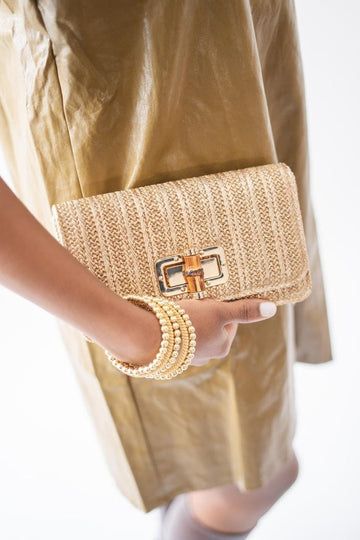 Lilly - Gold Woven Straw Clutch - Bamboo Toggle - 0