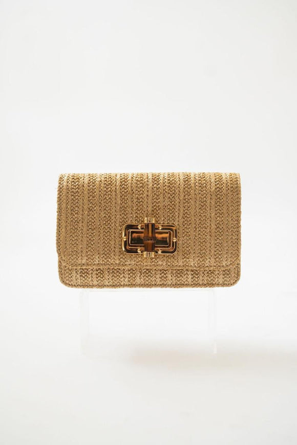 Lilly - Gold Woven Straw Clutch - Bamboo Toggle