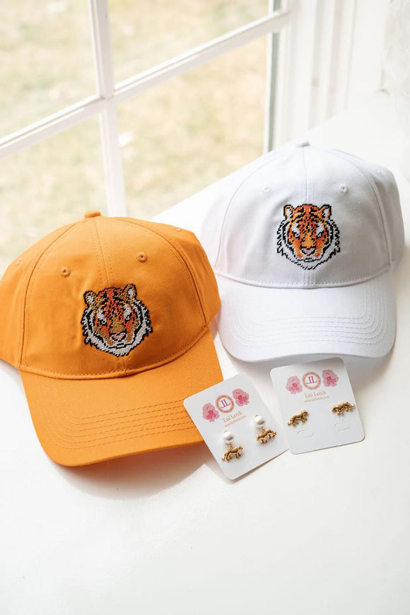 Needlepoint Baseball Hat - Tiger - White
