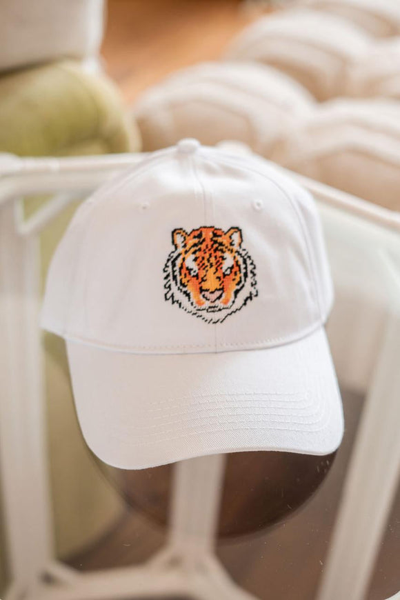 Needlepoint Baseball Hat - Tiger - White