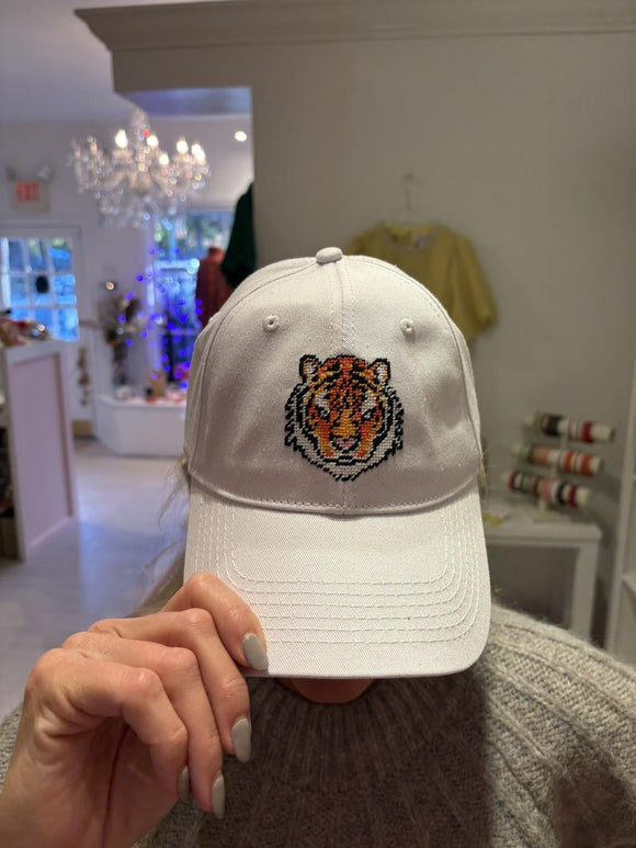 Needlepoint Baseball Hat - Tiger - White