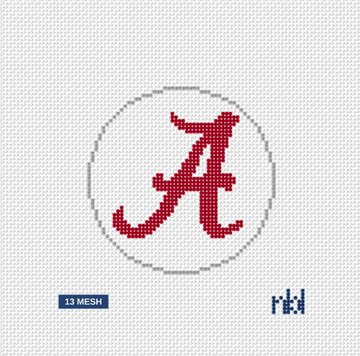 Alabama Crimson Tide A Logo Round Needlepoint Canvas 4 Inch White Background 13 Mesh