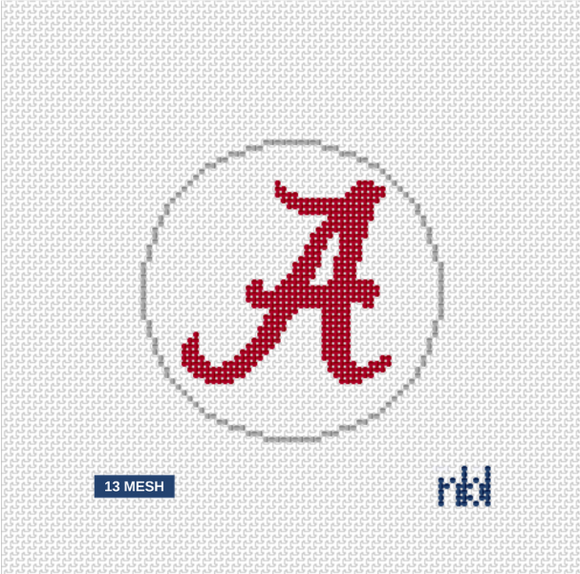Alabama Crimson Tide A Logo Round Needlepoint Canvas 4 Inch White Background 13 Mesh
