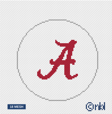 Alabama Crimson Tide A Logo Round Needlepoint Canvas 4 Inch White Background 18 Mesh