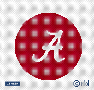 Alabama Crimson Tide A Logo Round Needlepoint Canvas 4 Inch Crimson Background 18 Mesh