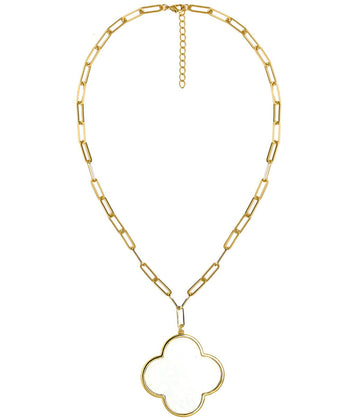Riley Large Clover Shell Necklace - 18k Plated Paper Clip Chain - 0