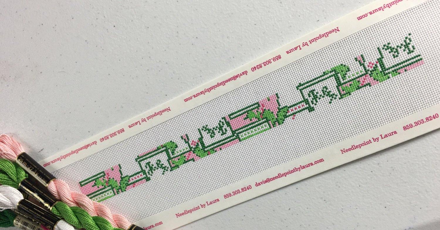 Mint Julep Needlepoint Dog Collar Canvas in pink and green - Needlepoint by Laura