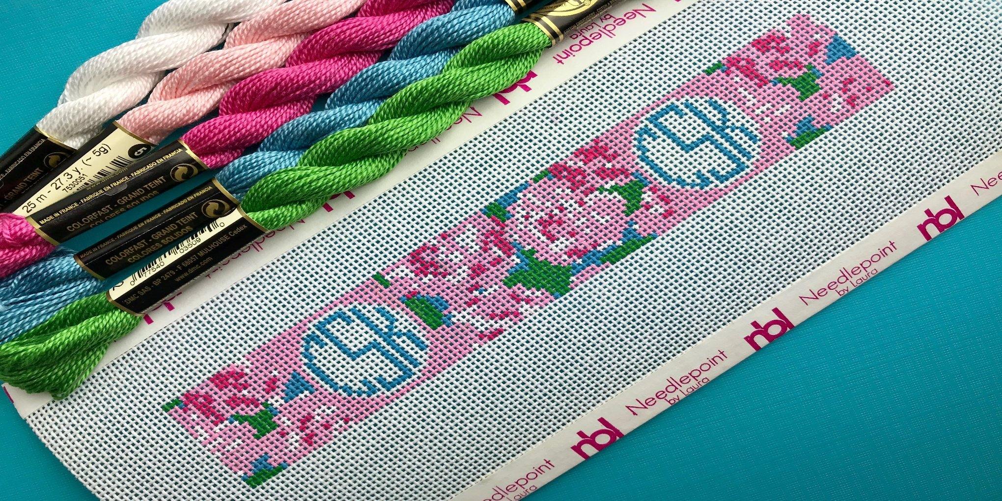 Pink Roses and Circle monogram needlepoint key fob canvas - Needlepoint by Laura