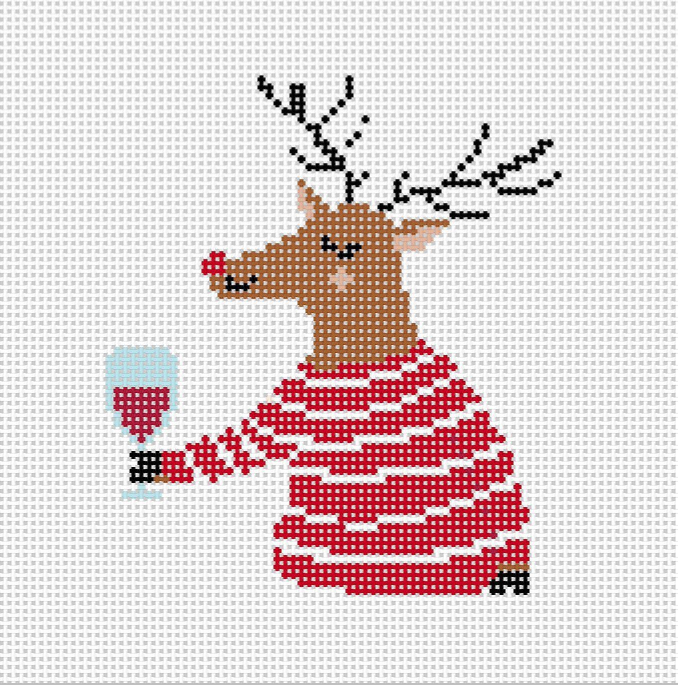 Reindeer drinking wine - Needlepoint by Laura