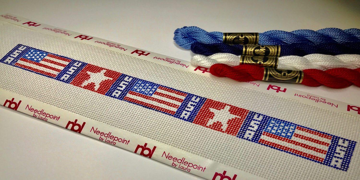 US Flag dog collar canvas on blue background - Needlepoint by Laura